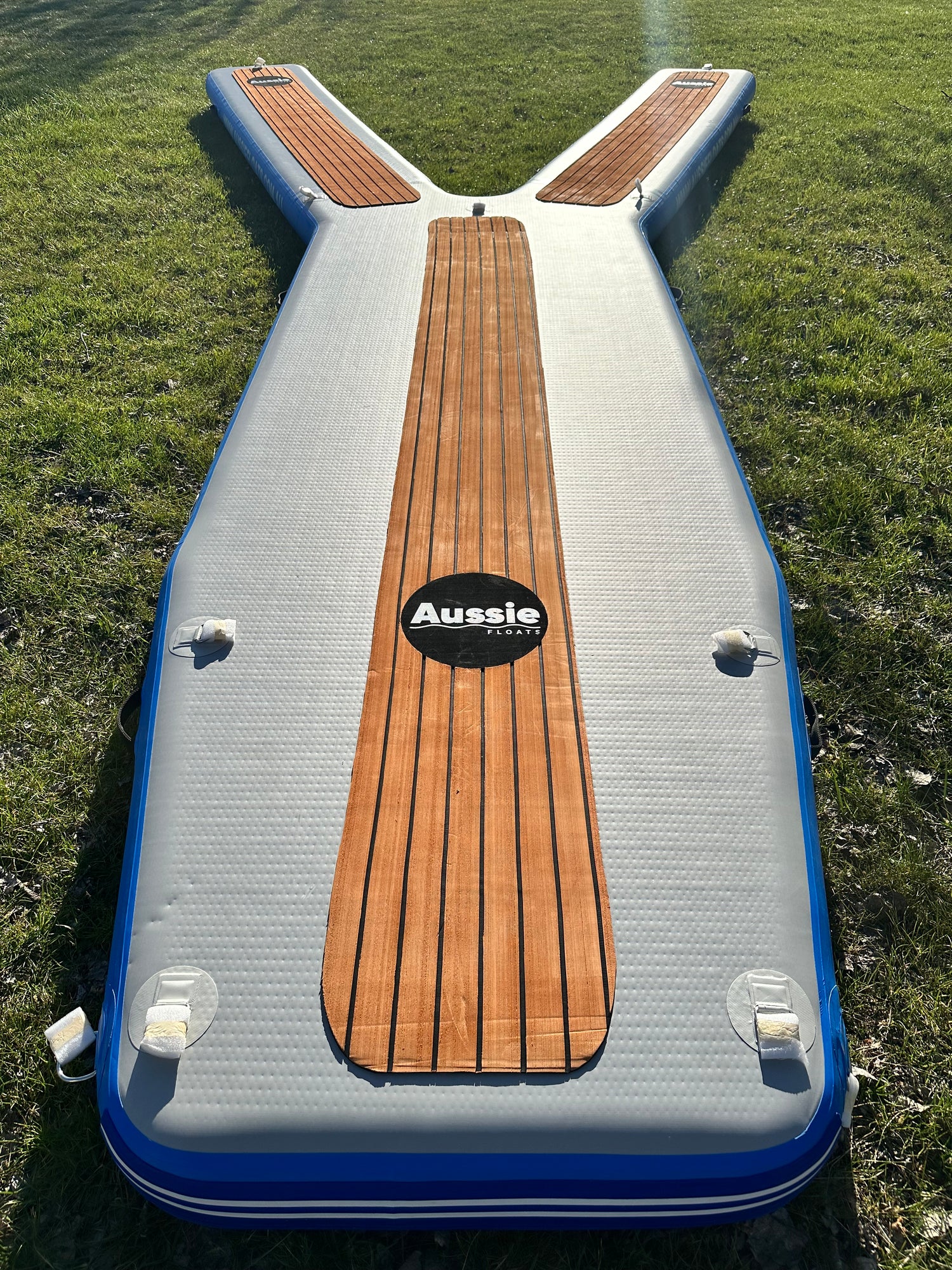 Aussie Floats Board Walk Series inflatable pontoon boat dock floating on the water