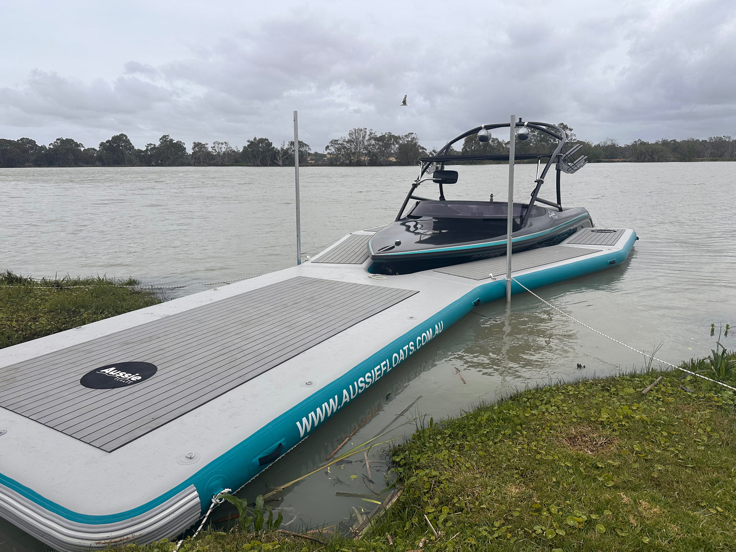 Aussie Floats Walk Up Series inflatable pontoon with side entry for ski boats