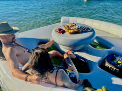 Aussie Floats Party Pad floating lounge on a river