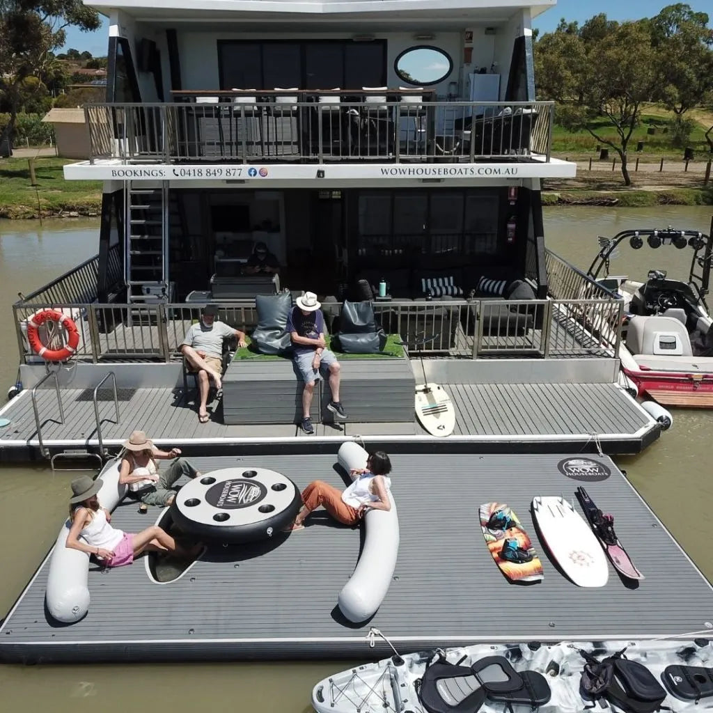 Aussie Floats inflatable houseboat back deck extension on the Murray River